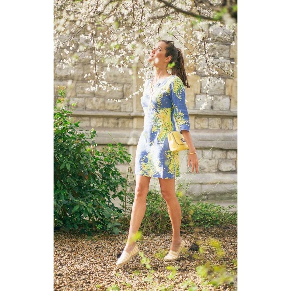 Boden Blue Yellow Mimosa Floral 100% Linen Shift Dress US 6R